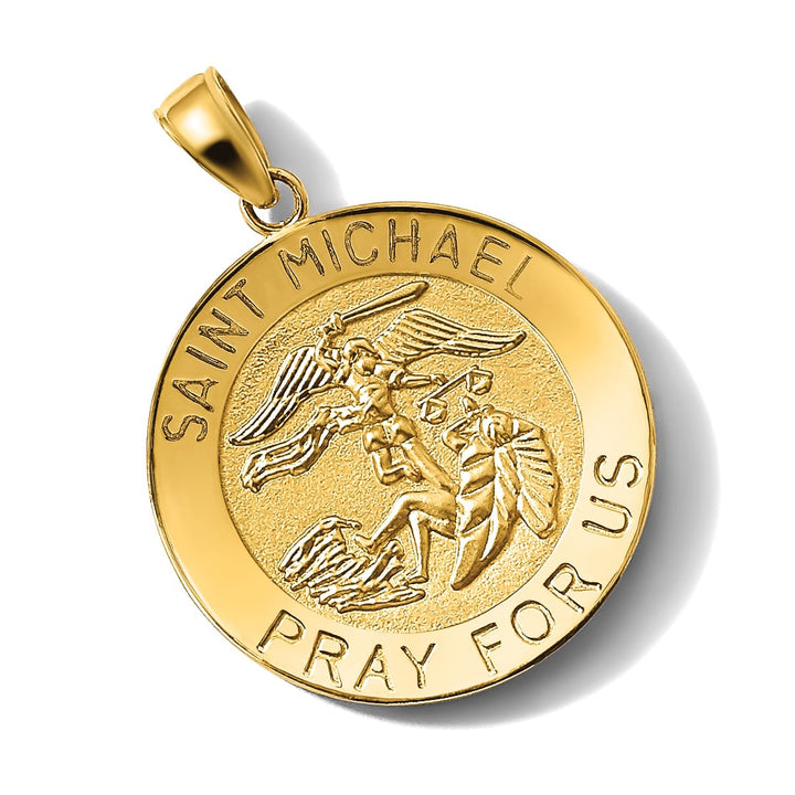 14K Yellow Gold Polished Satin Large St. Michael Medal Round Pendant