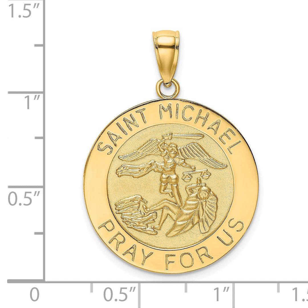 14K Yellow Gold Polished Satin Large St. Michael Medal Round Pendant