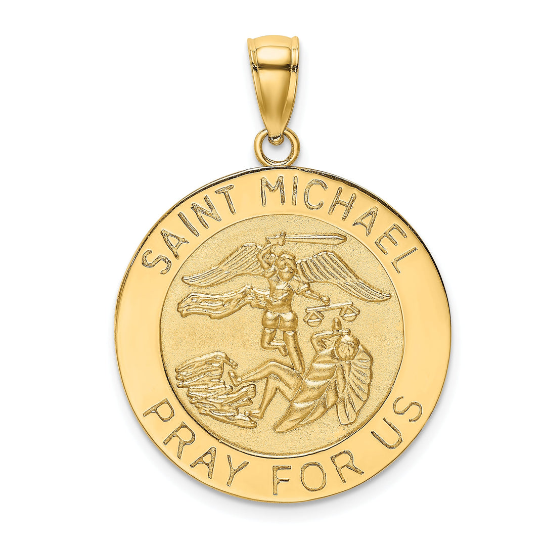 14K Yellow Gold Polished Satin Large St. Michael Medal Round Pendant