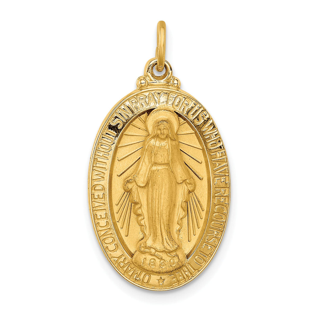 14K Yellow Gold Polished Satin Medium Miraculous Medal Oval Pendant