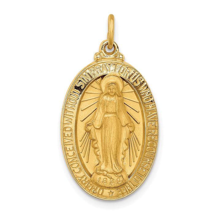 14K Yellow Gold Polished Satin Medium Miraculous Medal Oval Pendant