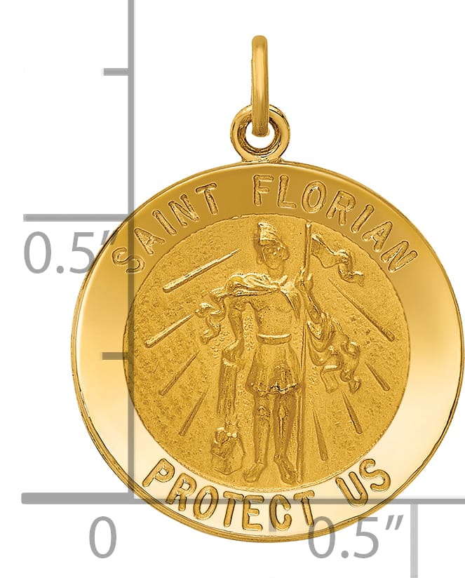 14K Yellow Gold Polished Satin Medium St. Florian Medal Round Pendant