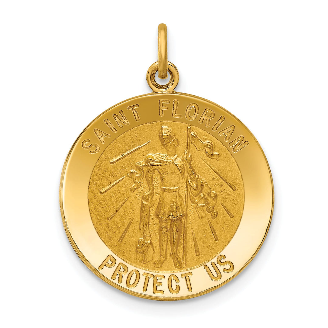 14K Yellow Gold Polished Satin Medium St. Florian Medal Round Pendant