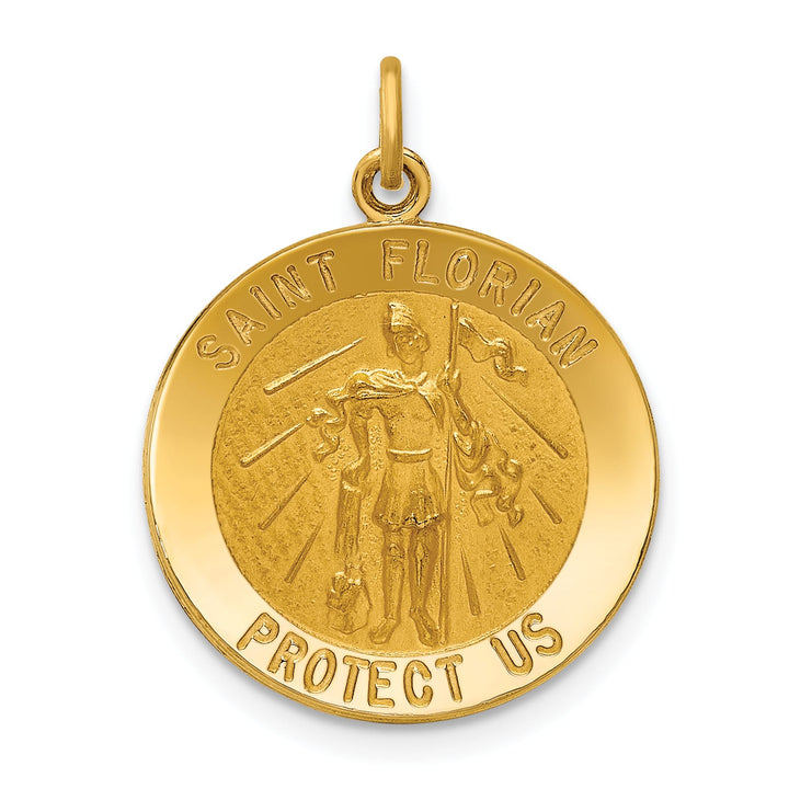 14K Yellow Gold Polished Satin Medium St. Florian Medal Round Pendant