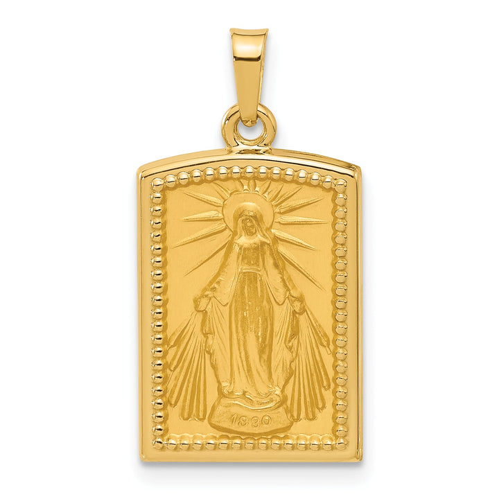 14K Yellow Gold Polished Satin Miraculous Medal Rectangular Pendant