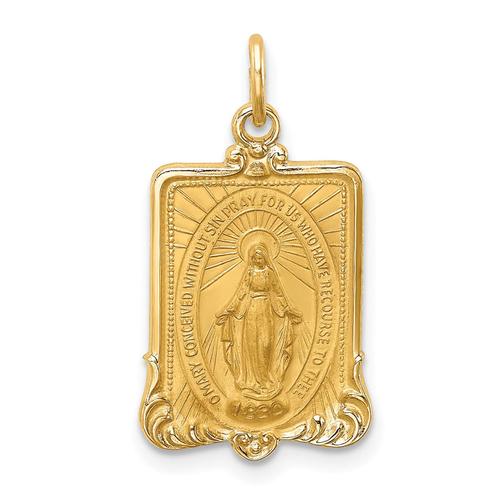 14K Yellow Gold Polished Satin Miraculous Medal Rectangular Pendant