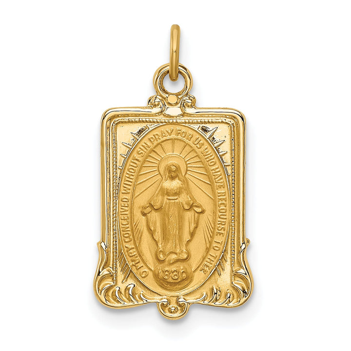 14K Yellow Gold Polished Satin Miraculous Medal Rectangular Pendant