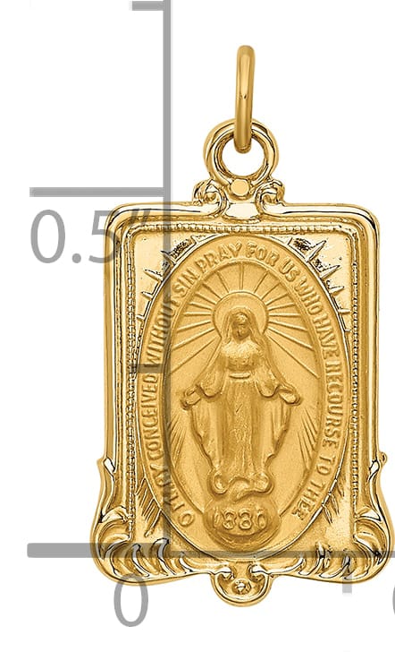 14K Yellow Gold Polished Satin Miraculous Medal Rectangular Pendant