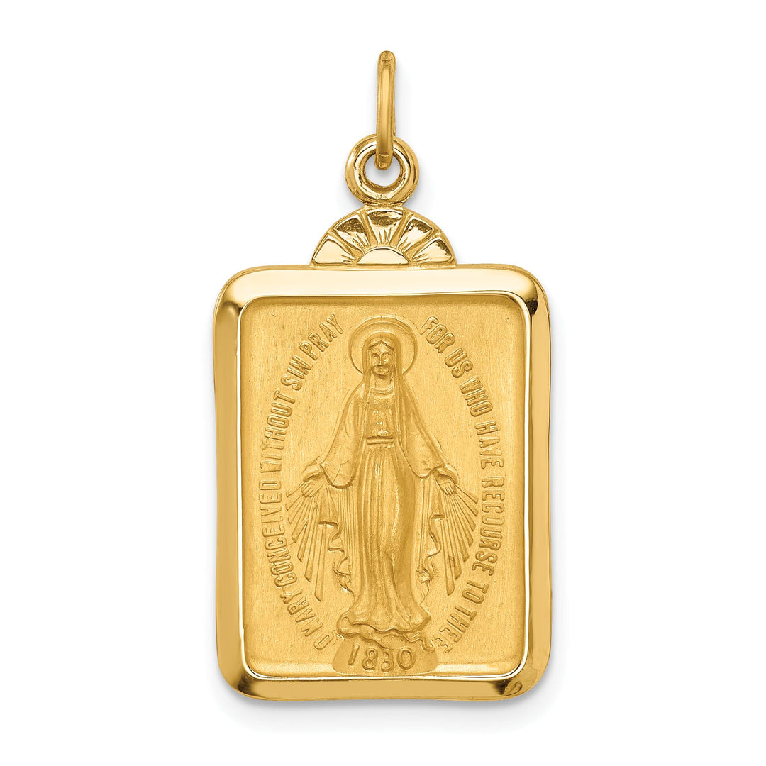 14K Yellow Gold Polished Satin Miraculous Medal Rectangular Pendant