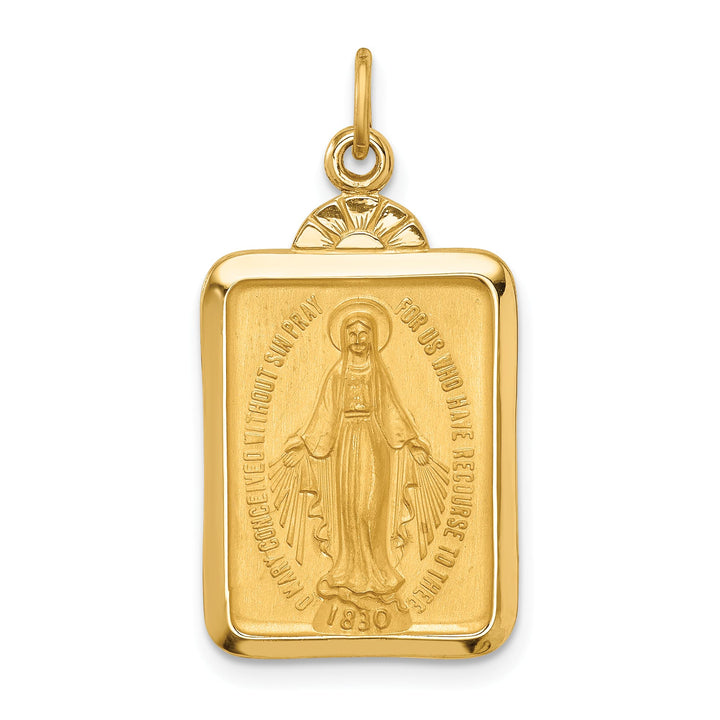 14K Yellow Gold Polished Satin Miraculous Medal Rectangular Pendant