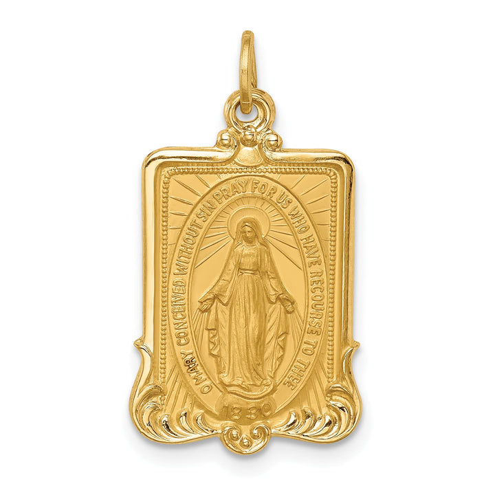 14K Yellow Gold Polished Satin Miraculous Medal Rectangular Pendant