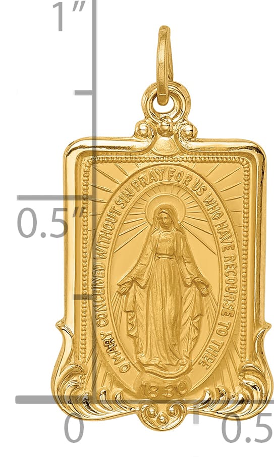 14K Yellow Gold Polished Satin Miraculous Medal Rectangular Pendant