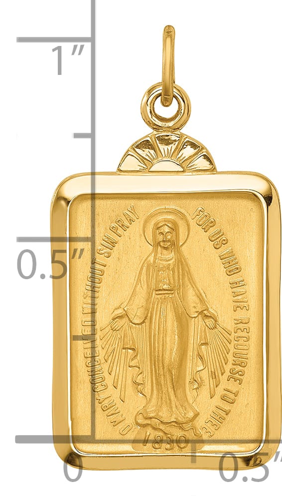 14K Yellow Gold Polished Satin Miraculous Medal Rectangular Pendant