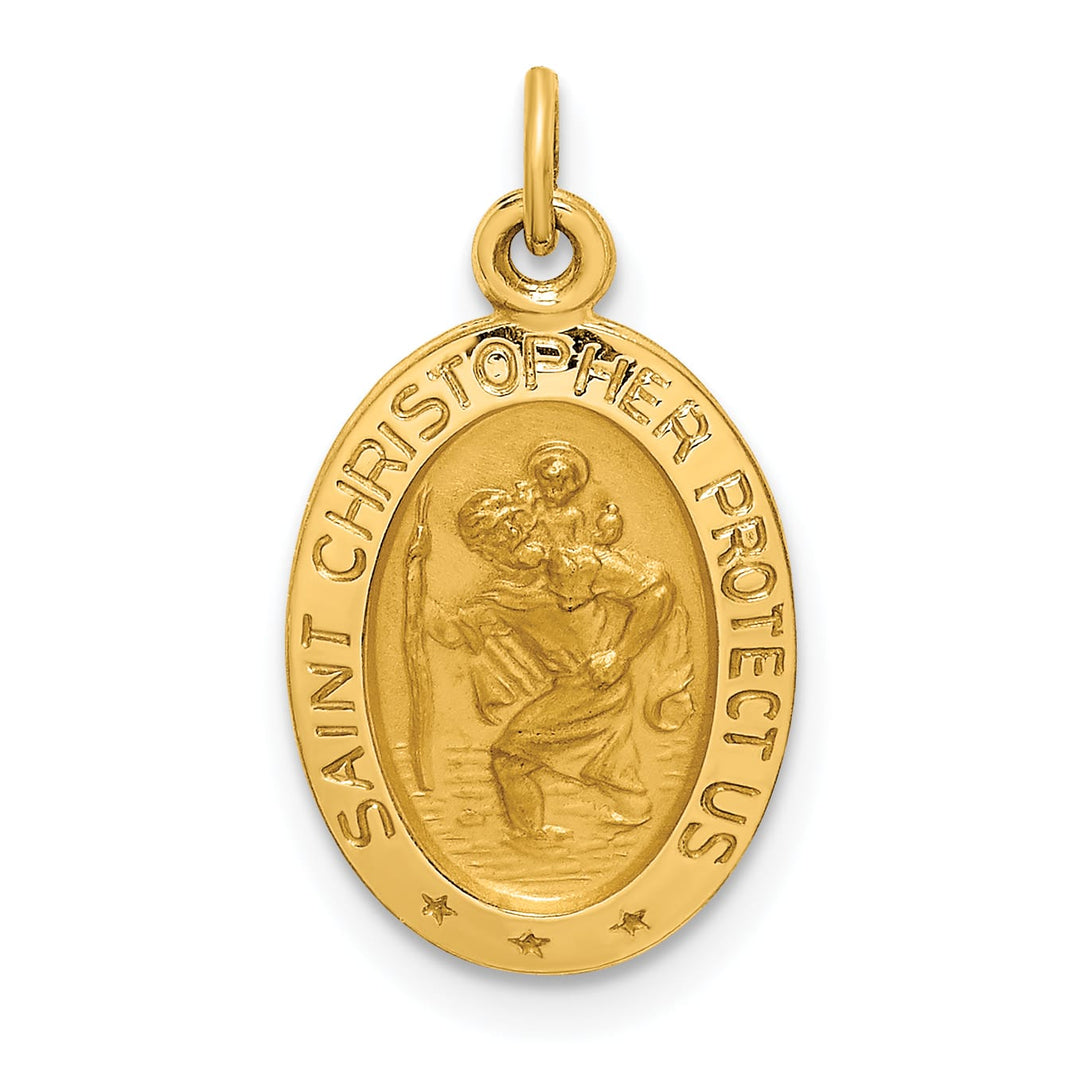 14K Yellow Gold Polished Satin Small Oval St. Christopher Medal Charm