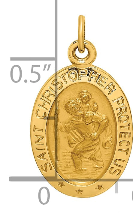 14K Yellow Gold Polished Satin Small Oval St. Christopher Medal Charm