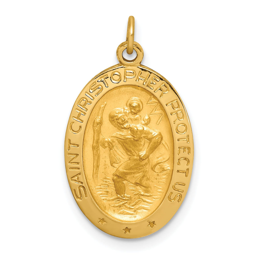 14K Yellow Gold Polished Satin Small Oval St. Christopher Medal Charm