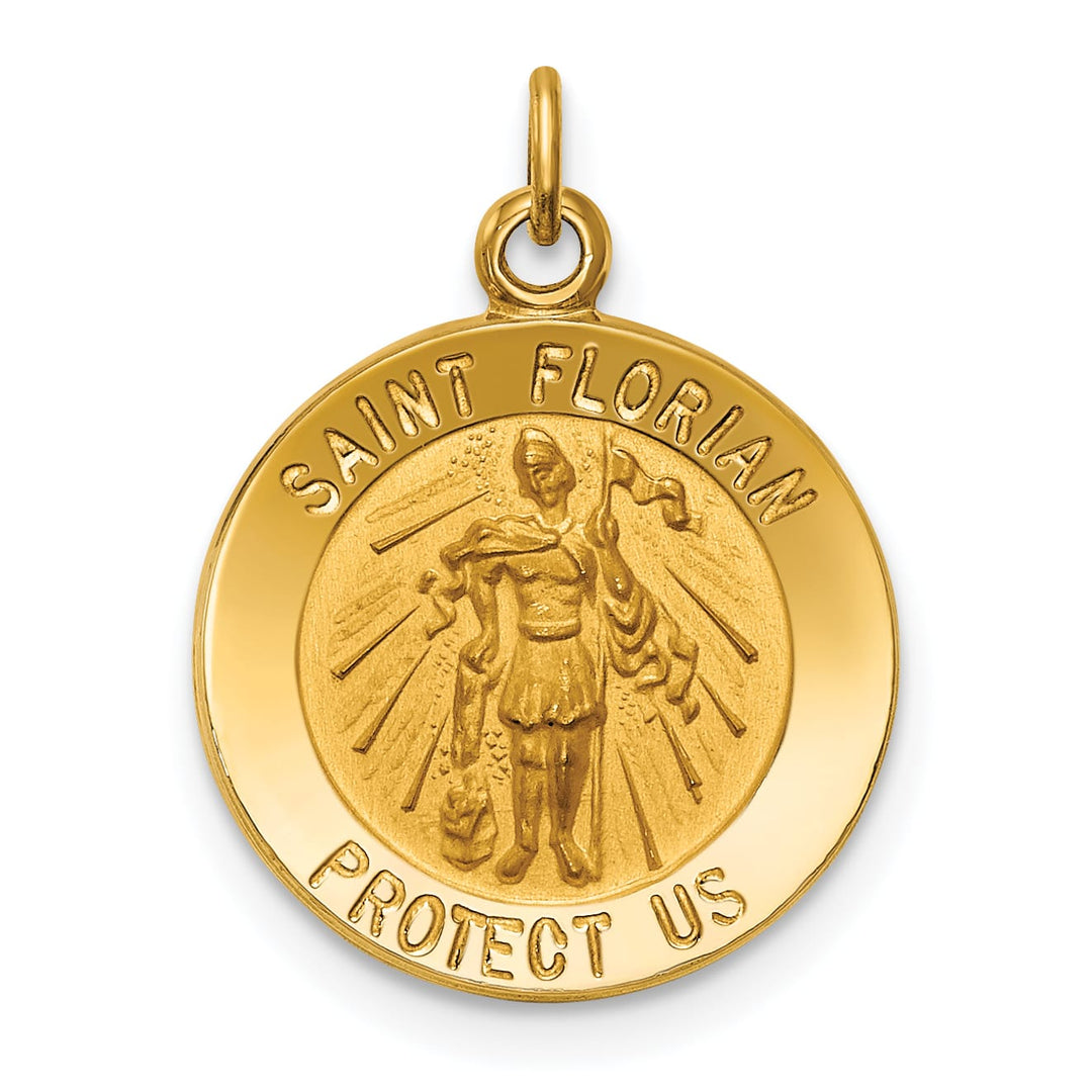 14K Yellow Gold Polished Satin Small St. Florian Medal Round Pendant