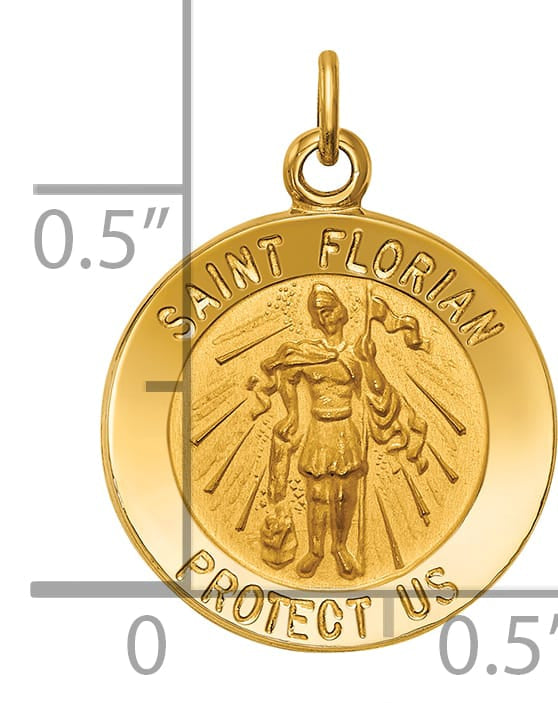 14K Yellow Gold Polished Satin Small St. Florian Medal Round Pendant