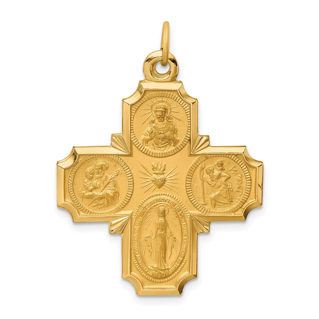 14K Yellow Gold Polished Satin Solid Large 4-Way Medal Pendant