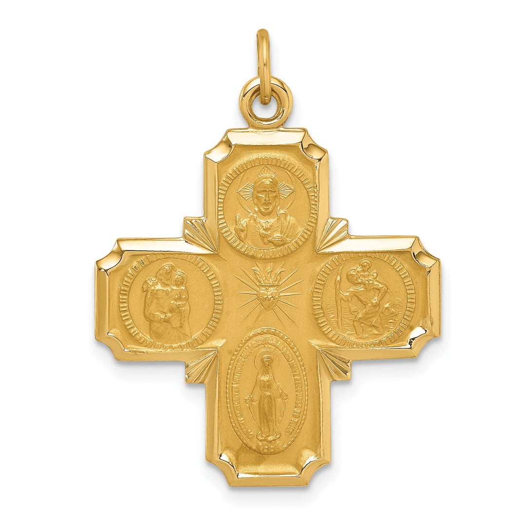 14K Yellow Gold Polished Satin Solid Medium 4-Way Medal Pendant