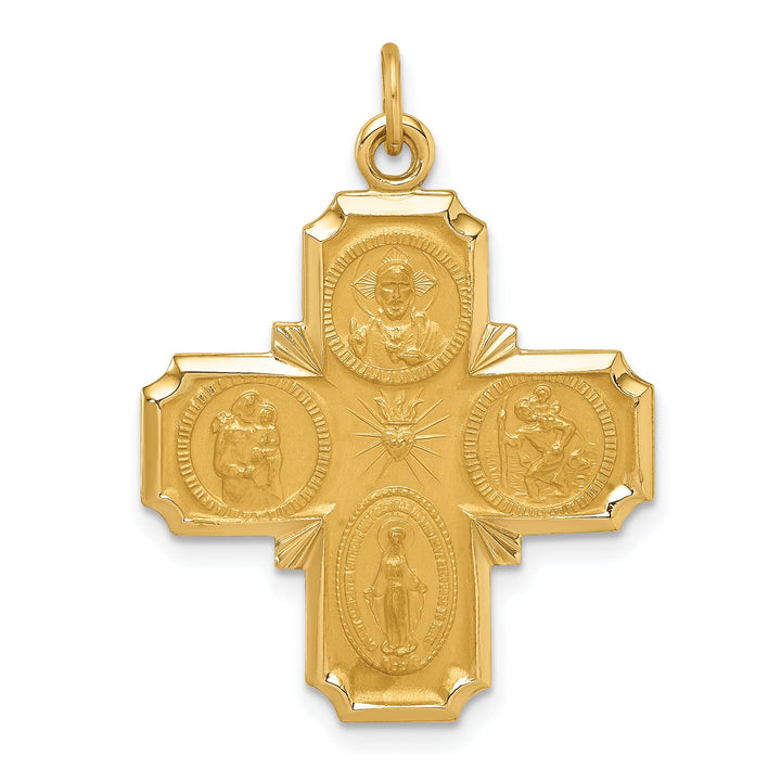 14K Yellow Gold Polished Satin Solid Medium 4-Way Medal Pendant