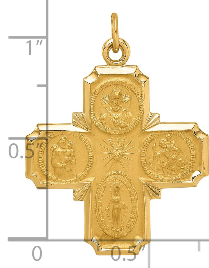 14K Yellow Gold Polished Satin Solid Medium 4-Way Medal Pendant