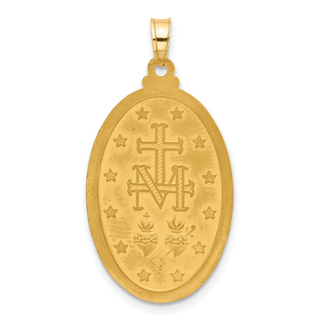 14K Yellow Gold Polished Satin Solid Miraculous Medal Oval Pendant