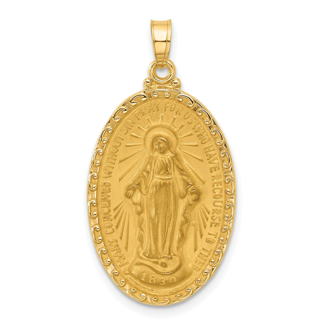 14K Yellow Gold Polished Satin Solid Miraculous Medal Oval Pendant