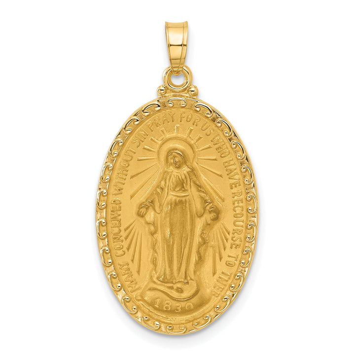 14K Yellow Gold Polished Satin Solid Miraculous Medal Oval Pendant