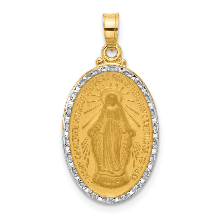 14K Yellow Gold Polished Satin Solid Miraculous Medal Oval Pendant