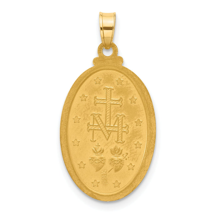 14K Yellow Gold Polished Satin Solid Miraculous Medal Oval Pendant