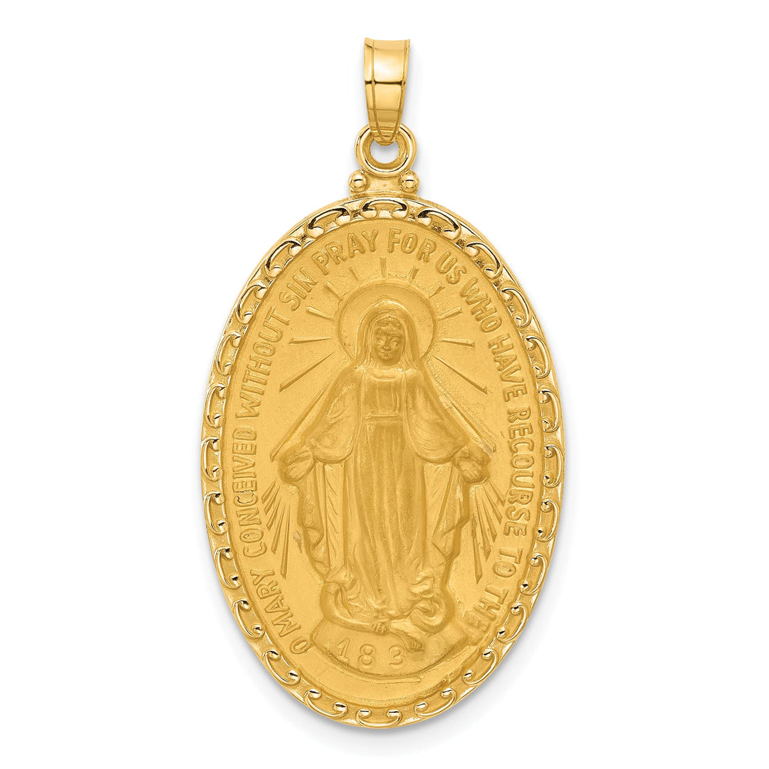 14K Yellow Gold Polished Satin Solid Miraculous Medal Oval Pendant