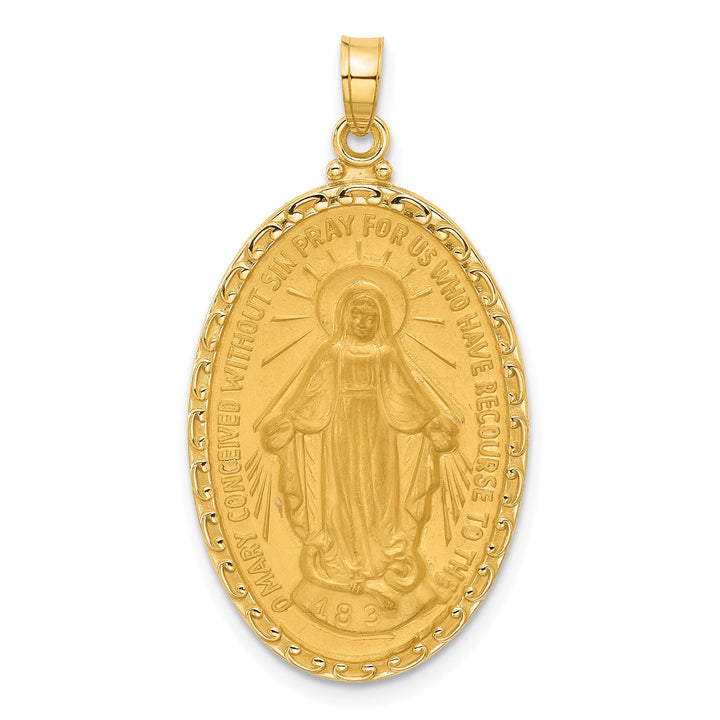 14K Yellow Gold Polished Satin Solid Miraculous Medal Oval Pendant