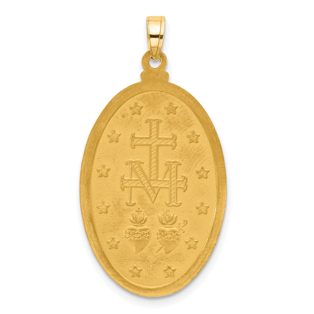 14K Yellow Gold Polished Satin Solid Miraculous Medal Oval Pendant