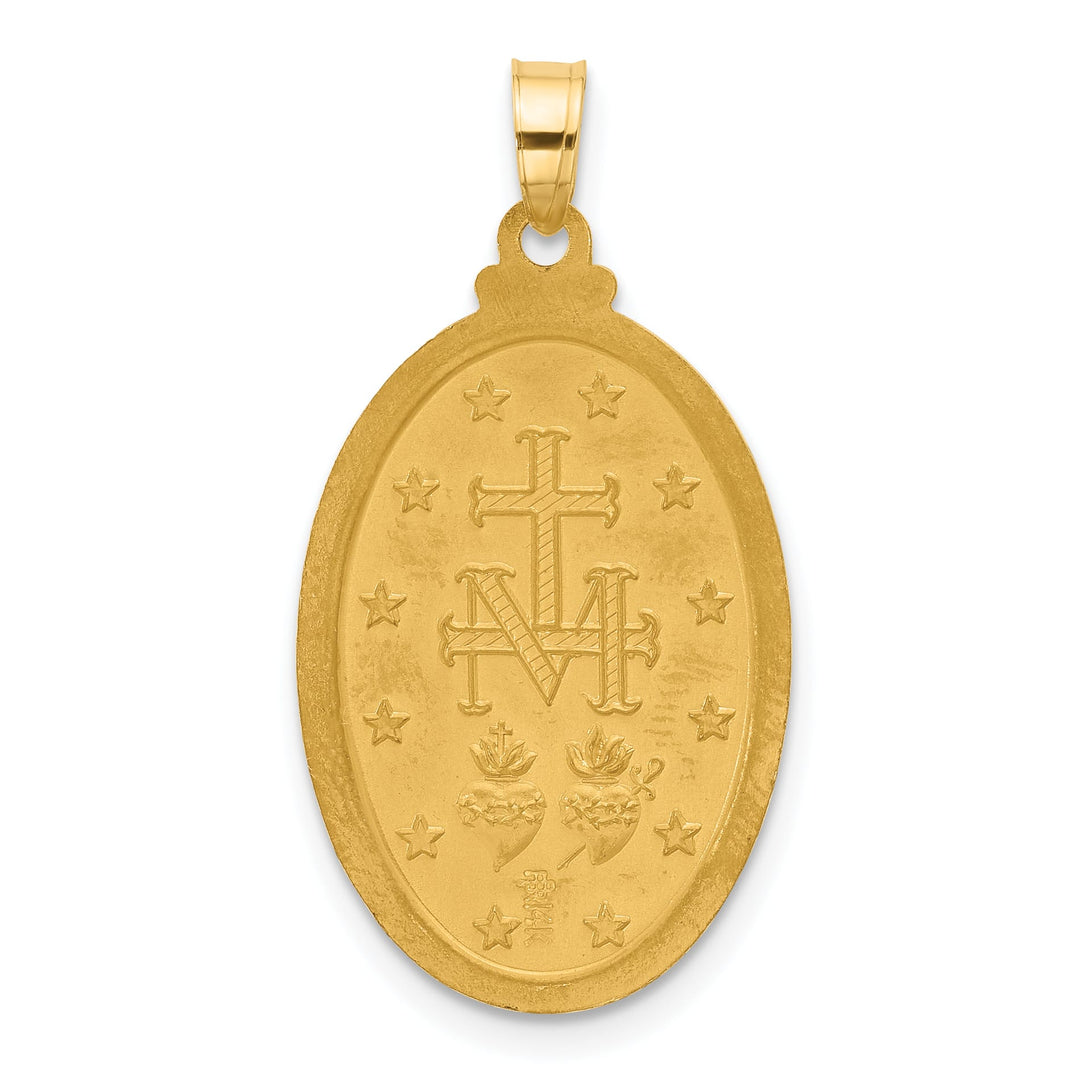 14K Yellow Gold Polished Satin Solid Miraculous Medal Oval Pendant