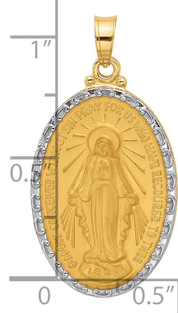 14K Yellow Gold Polished Satin Solid Miraculous Medal Oval Pendant