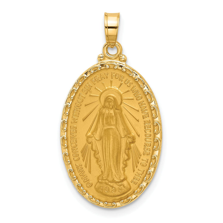 14K Yellow Gold Polished Satin Solid Miraculous Medal Oval Pendant