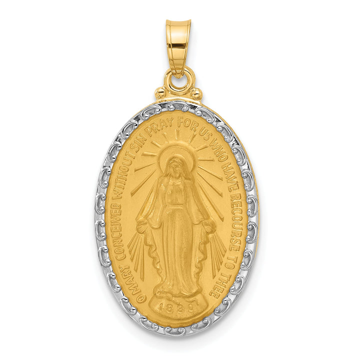 14K Yellow Gold Polished Satin Solid Miraculous Medal Oval Pendant