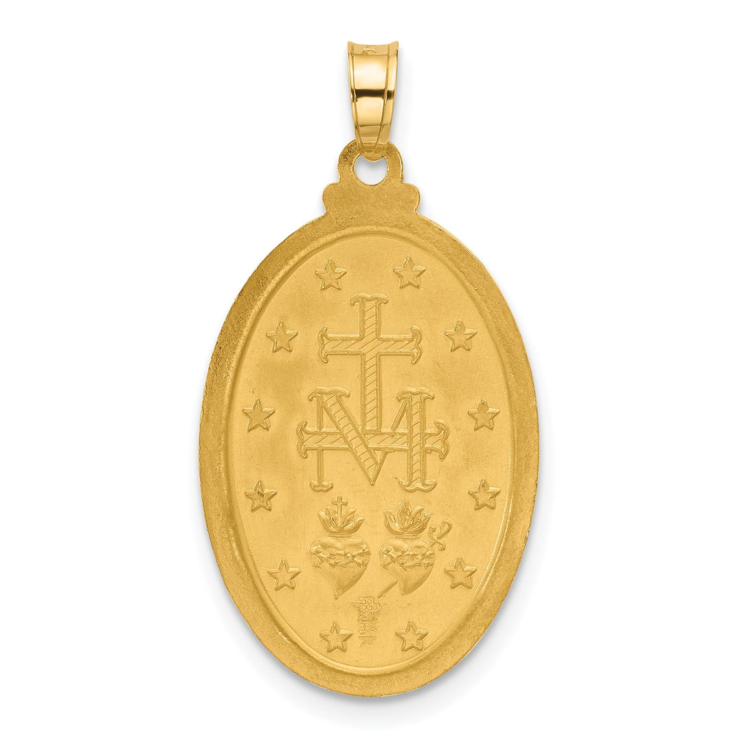 14K Yellow Gold Polished Satin Solid Miraculous Medal Oval Pendant