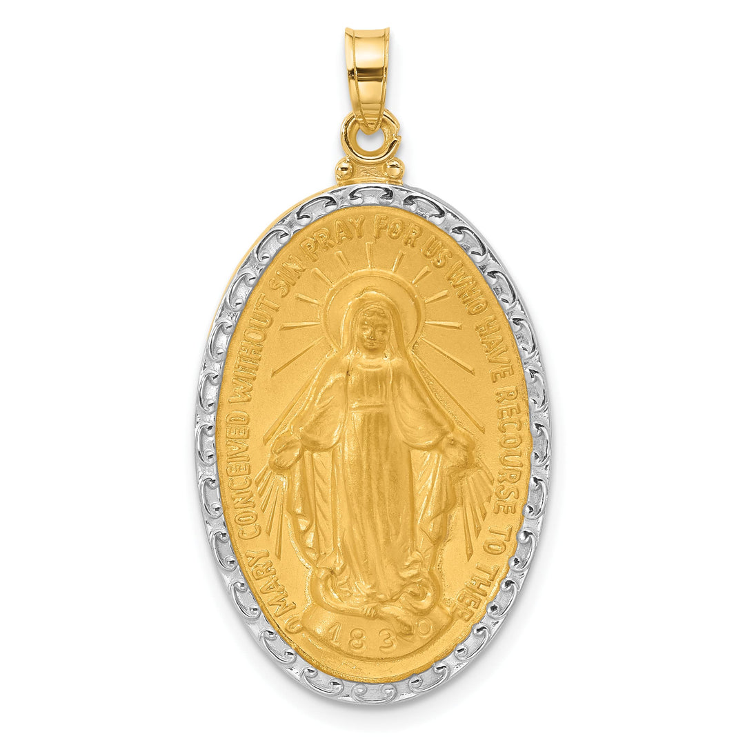 14K Yellow Gold Polished Satin Solid Miraculous Medal Oval Pendant