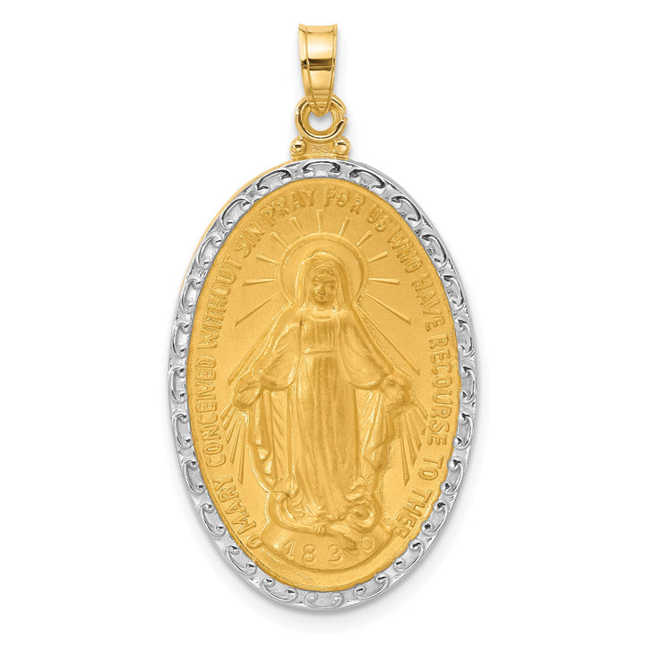 14K Yellow Gold Polished Satin Solid Miraculous Medal Oval Pendant