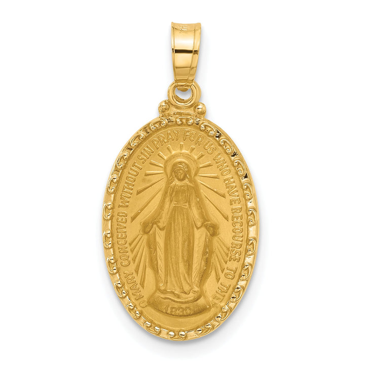 14K Yellow Gold Polished Satin Solid Miraculous Medal Oval Pendant