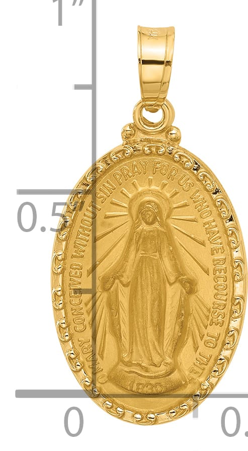 14K Yellow Gold Polished Satin Solid Miraculous Medal Oval Pendant