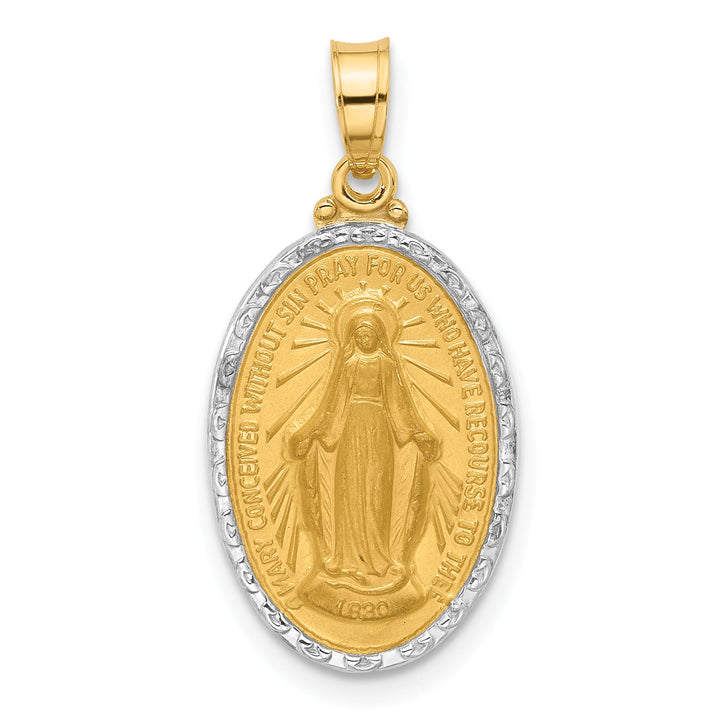 14K Yellow Gold Polished Satin Solid Miraculous Medal Oval Pendant