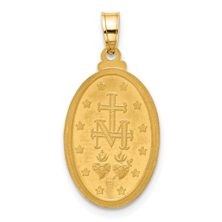 14K Yellow Gold Polished Satin Solid Miraculous Medal Oval Pendant