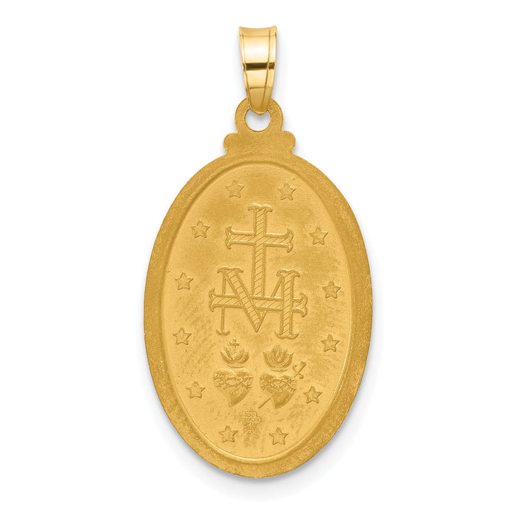 14K Yellow Gold Polished Satin Solid Miraculous Medal Oval Pendant