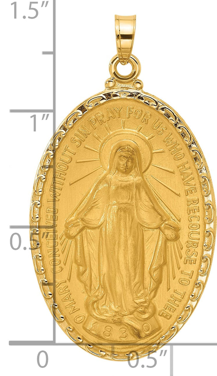 14K Yellow Gold Polished Satin Solid Miraculous Medal Oval Pendant