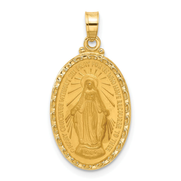 14K Yellow Gold Polished Satin Solid Miraculous Medal Oval Pendant