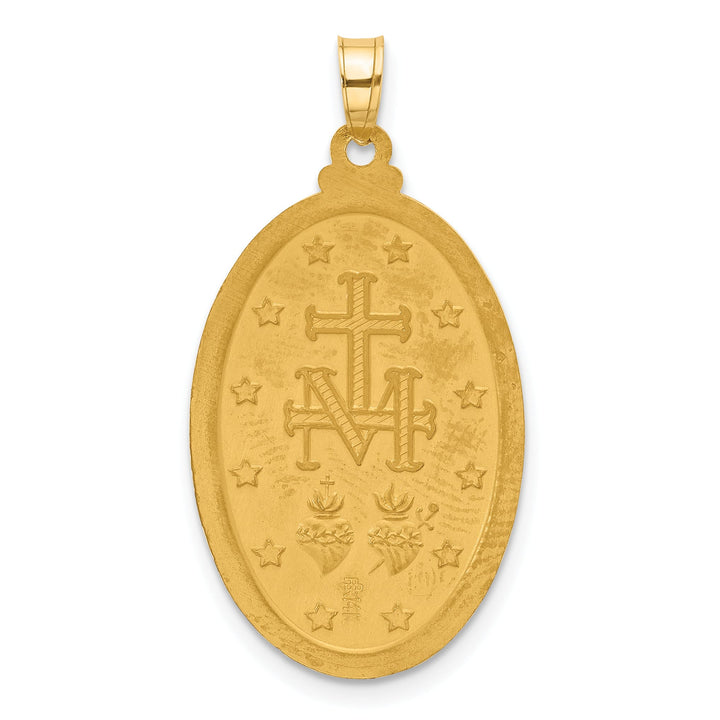 14K Yellow Gold Polished Satin Solid Miraculous Medal Oval Pendant