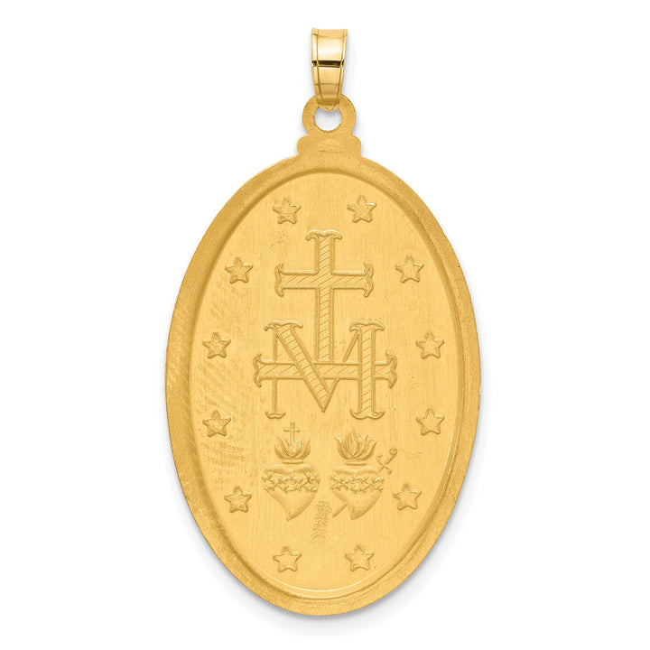 14K Yellow Gold Polished Satin Solid Miraculous Medal Oval Pendant